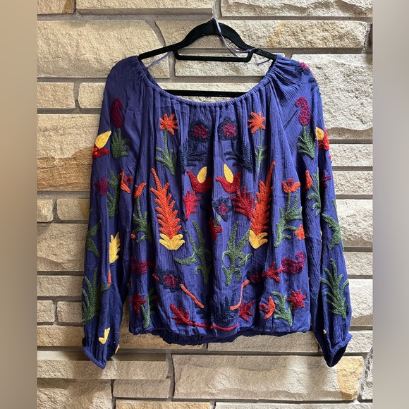 Laurie Felt Embroidered Peasant Blouse Top Blue Multi Floral Large - Picture 3 of 10